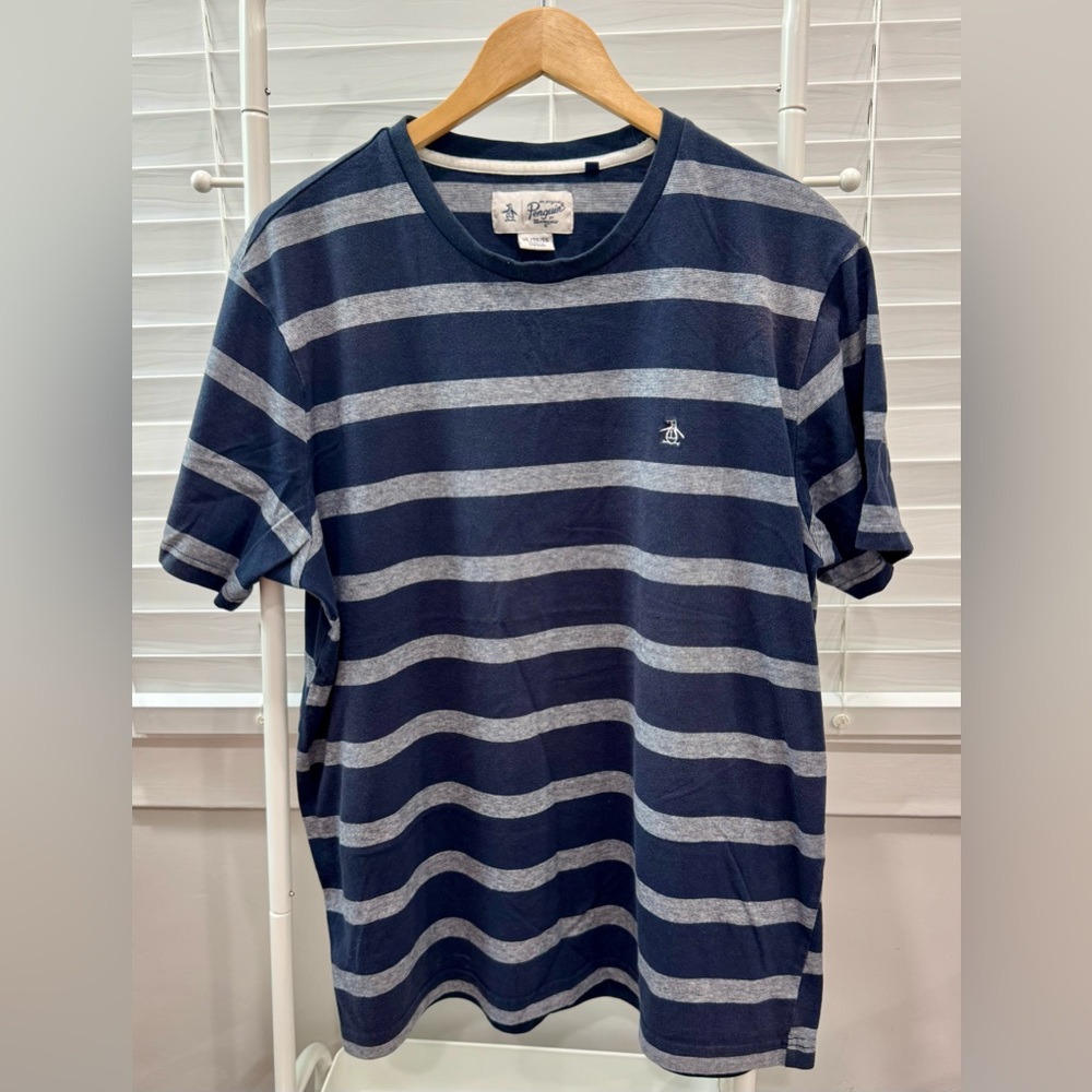 Original Penguin Men's Blue and Gray Striped Tee XL